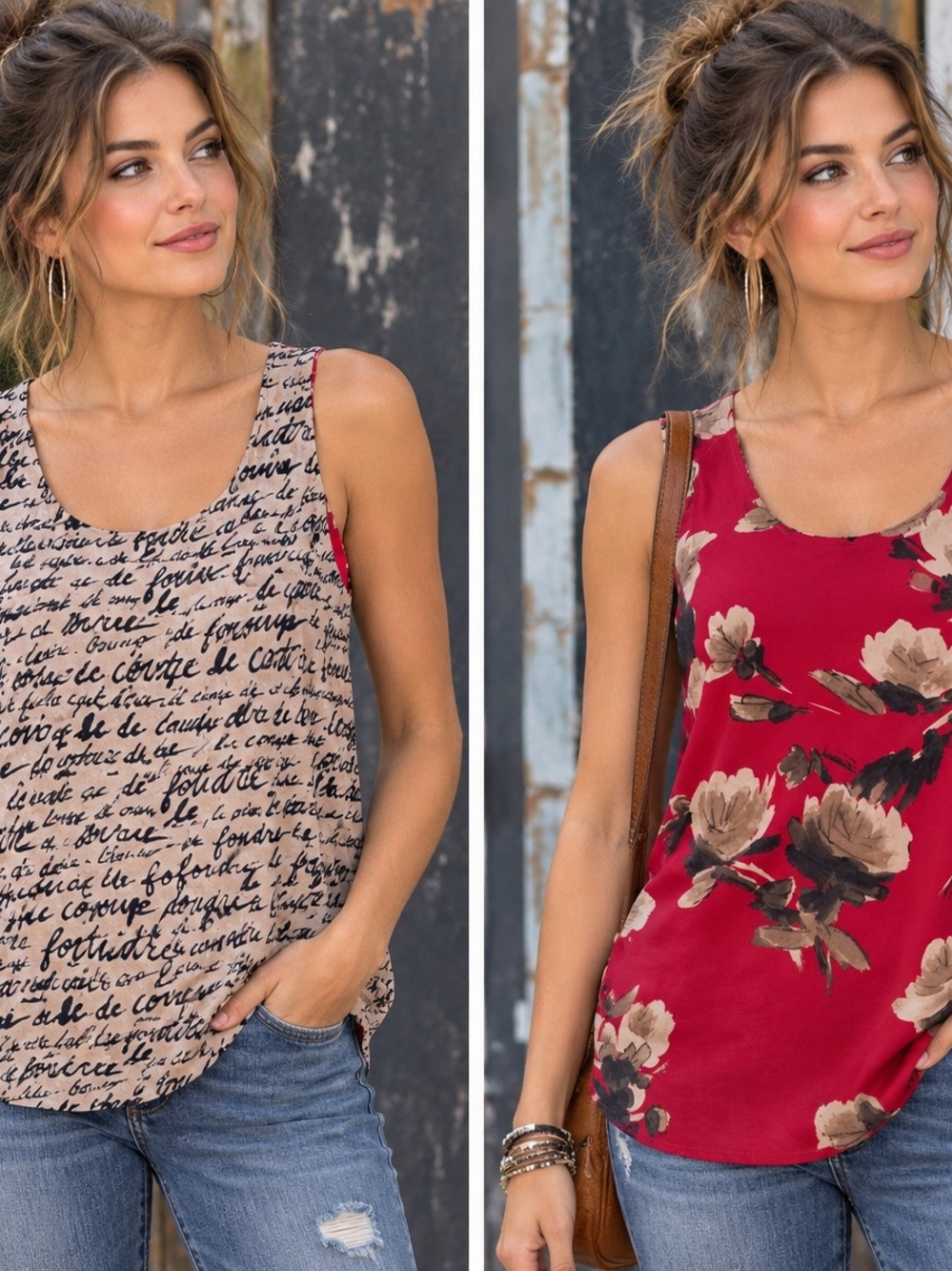 Chico's Red Floral & Beige Script Scoop Neck Tank Duo